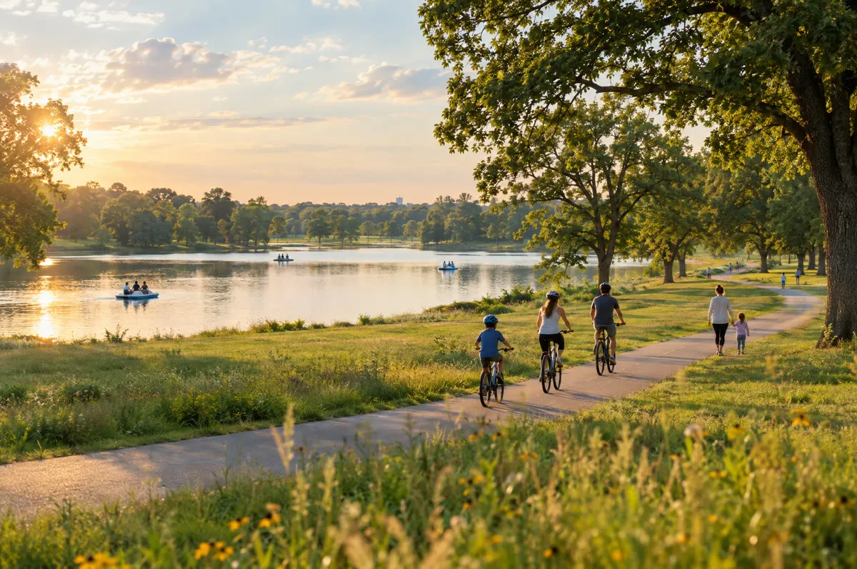 Family biking along the lake at Shelby Farms Park